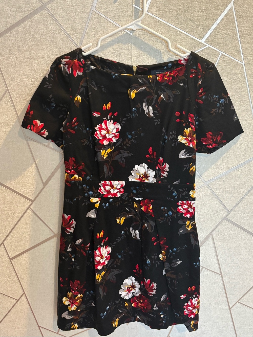 Black Floral Short Sleeve Dress with Red & Yellow Blooms
